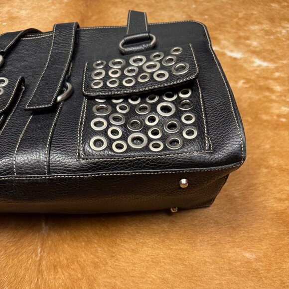 Furla Black Leather Grommet Satchel Bag Made in Italy, Pebbled Leather Tote with - Picture 4 of 11